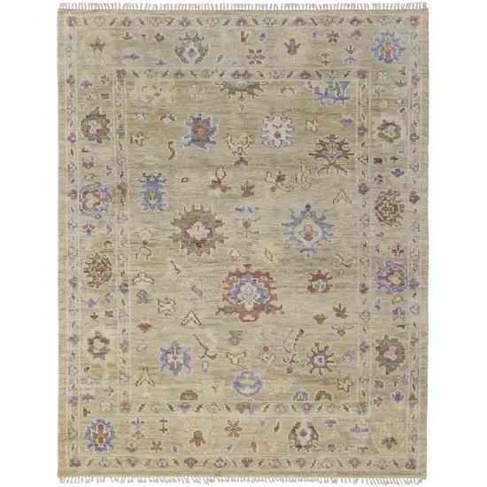 Tan Brown and Blue Wool Floral Hand Knotted Area Rug With Fringe Photo 5