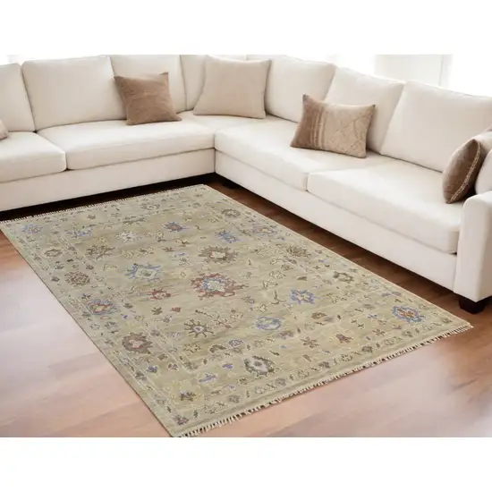 Tan Brown and Blue Wool Floral Hand Knotted Area Rug With Fringe Photo 1