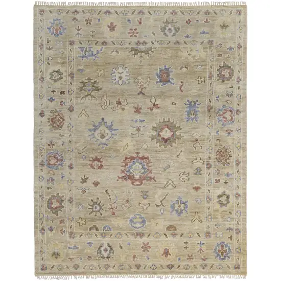 Tan Brown and Blue Wool Floral Hand Knotted Area Rug With Fringe Photo 4