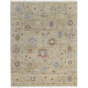 Photo of Tan Brown and Blue Wool Floral Hand Knotted Area Rug With Fringe