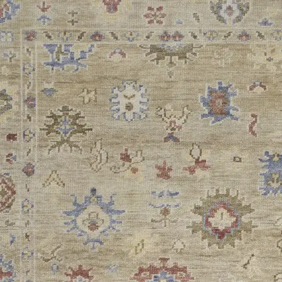 Tan Brown and Blue Wool Floral Hand Knotted Area Rug With Fringe Photo 6