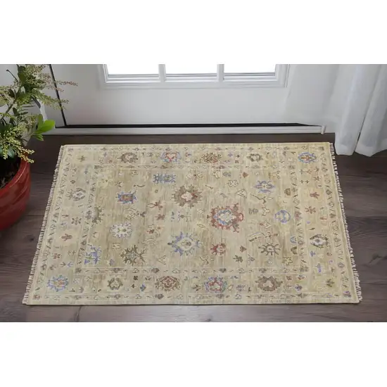 Tan Brown and Blue Wool Floral Hand Knotted Area Rug With Fringe Photo 1