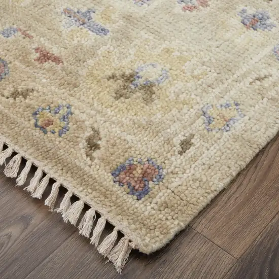 Tan Brown and Blue Wool Floral Hand Knotted Area Rug With Fringe Photo 9