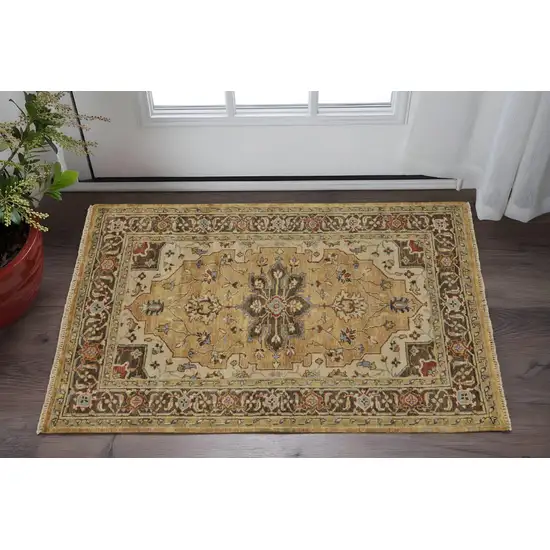 Tan Brown and Gold Wool Oriental Hand Knotted Area Rug Photo 1