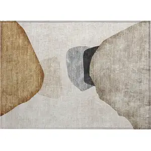 Photo of Tan Brown and Gray Abstract Washable Non Skid Indoor Outdoor Area Rug