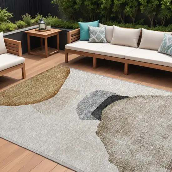 Tan Brown and Gray Abstract Washable Non Skid Indoor Outdoor Area Rug Photo 1