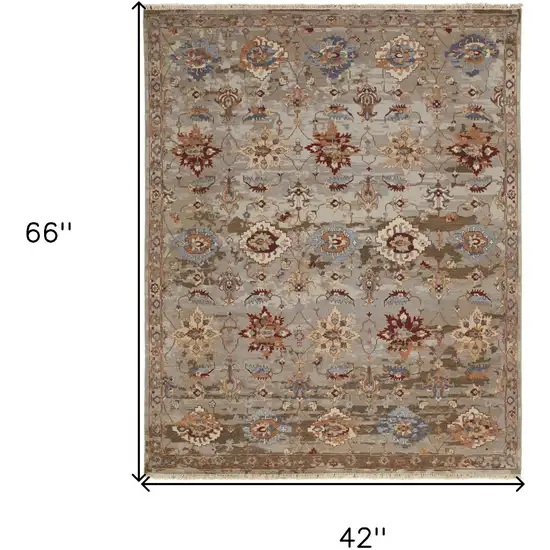 Tan Brown and Gray Wool Floral Hand Knotted Area Rug With Fringe Photo 3