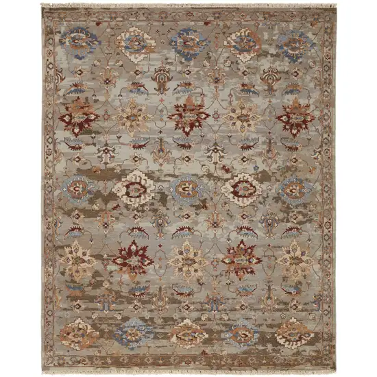 Tan Brown and Gray Wool Floral Hand Knotted Area Rug With Fringe Photo 5