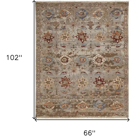 Tan Brown and Gray Wool Floral Hand Knotted Area Rug With Fringe Photo 3