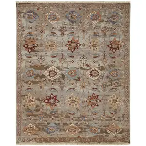 Photo of Tan Brown and Gray Wool Floral Hand Knotted Area Rug With Fringe