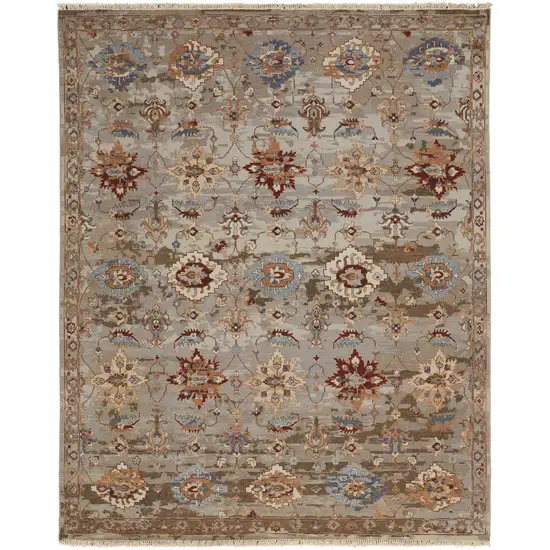 Tan Brown and Gray Wool Floral Hand Knotted Area Rug With Fringe Photo 4