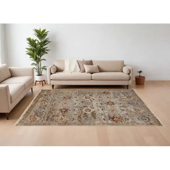 Tan Brown and Gray Wool Floral Hand Knotted Area Rug With Fringe Photo 1