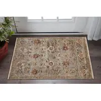 Photo of Tan Brown and Gray Wool Floral Hand Knotted Area Rug With Fringe