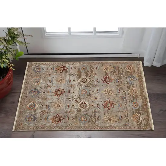 Tan Brown and Gray Wool Floral Hand Knotted Area Rug With Fringe Photo 1