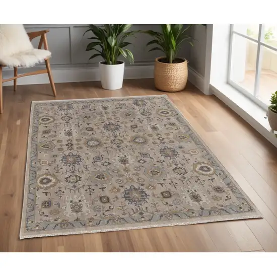 Tan Brown and Gray Wool Oriental Hand Knotted Area Rug With Fringe Photo 1