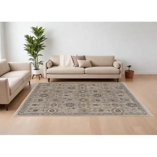 Tan Brown and Gray Wool Oriental Hand Knotted Area Rug With Fringe Photo 1