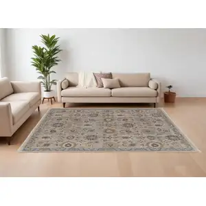 Photo of Tan Brown and Gray Wool Oriental Hand Knotted Area Rug With Fringe