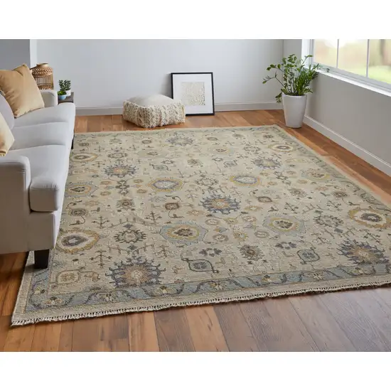 Tan Brown and Gray Wool Oriental Hand Knotted Area Rug With Fringe Photo 8