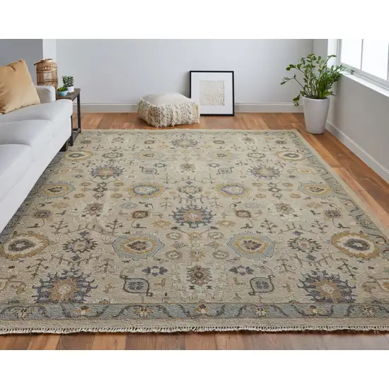 Tan Brown and Gray Wool Oriental Hand Knotted Area Rug With Fringe Photo 9