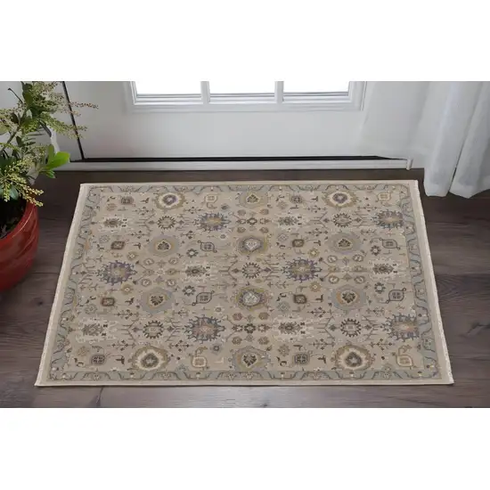 Tan Brown and Gray Wool Oriental Hand Knotted Area Rug With Fringe Photo 1