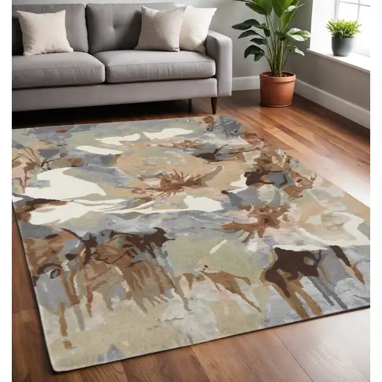 Tan and Gray Wool Floral Hand Tufted Area Rug Photo 1