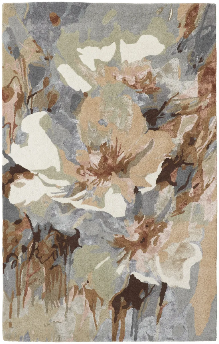 Tan Gray And Green Wool Floral Tufted Handmade Area Rug Photo 1