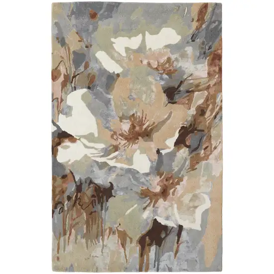 Tan Gray And Green Wool Floral Tufted Handmade Area Rug Photo 1