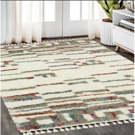 Tan Gray And Ivory Abstract Shag Distressed Area Rug With Fringe Photo 1