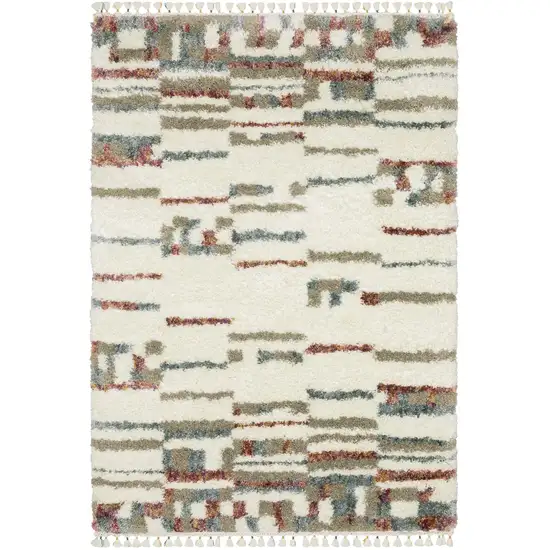 Tan Gray And Ivory Abstract Shag Distressed Area Rug With Fringe Photo 8