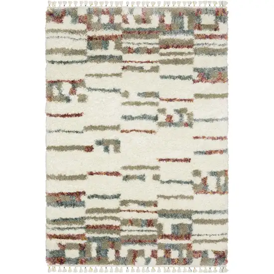 Tan Gray And Ivory Abstract Shag Distressed Area Rug With Fringe Photo 2