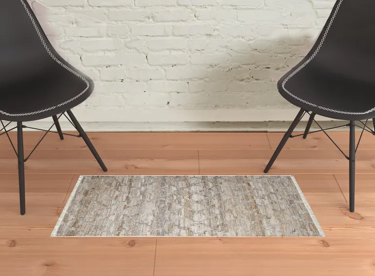 Tan Gray And Ivory Geometric Hand Woven Stain Resistant Area Rug With Fringe Photo 2