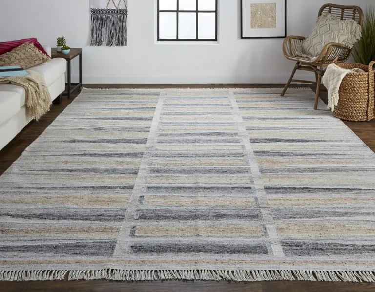 Tan Gray And Taupe Geometric Hand Woven Stain Resistant Area Rug With Fringe Photo 1