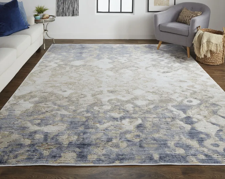 Tan Ivory And Blue Abstract Power Loom Distressed Area Rug Photo 5