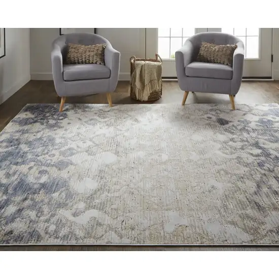 Tan Ivory And Blue Abstract Power Loom Distressed Area Rug Photo 7