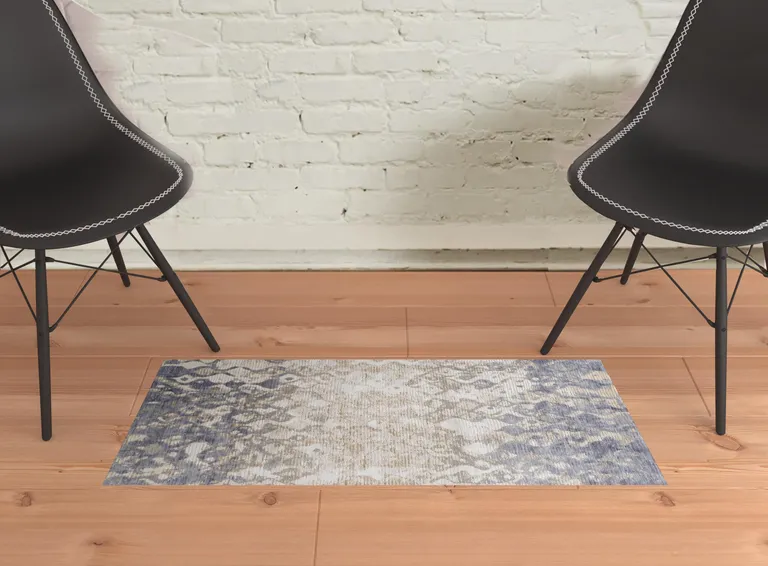 Tan Ivory And Blue Abstract Power Loom Distressed Area Rug Photo 2