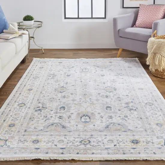 Tan Ivory And Blue Floral Stain Resistant Area Rug Photo 8