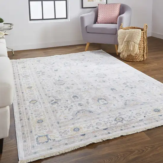 Tan Ivory And Blue Floral Stain Resistant Area Rug Photo 7