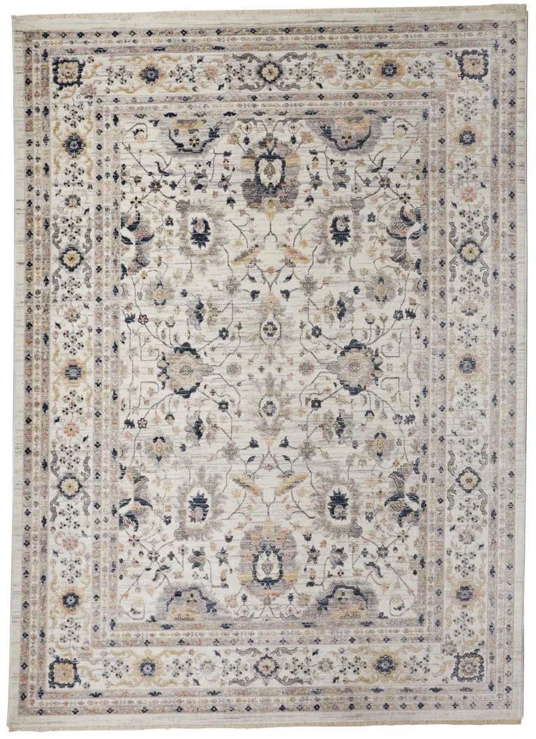 Tan Ivory And Blue Floral Stain Resistant Area Rug Photo 2