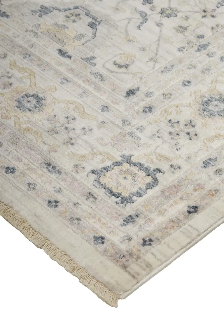 Tan Ivory And Blue Floral Stain Resistant Area Rug Photo 4