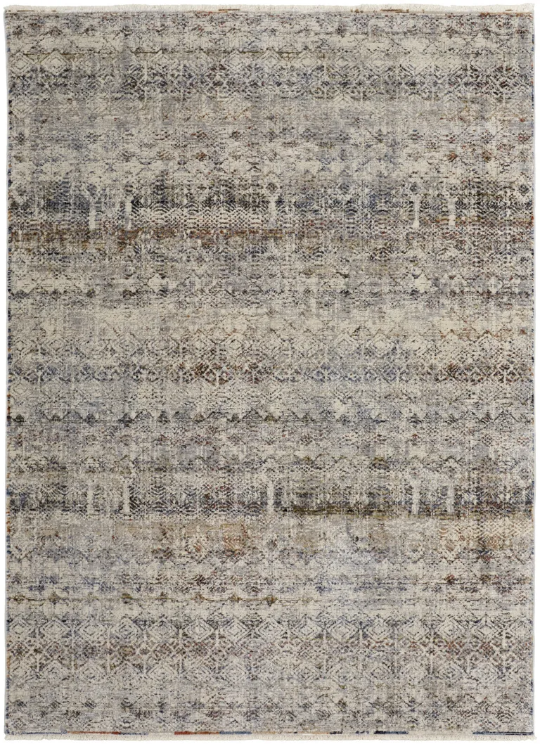 Tan Ivory And Blue Geometric Power Loom Distressed Area Rug With Fringe Photo 5