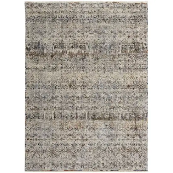 Tan Ivory And Blue Geometric Power Loom Distressed Area Rug With Fringe Photo 5