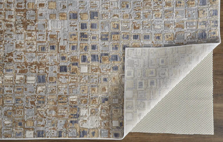 Tan Ivory And Blue Geometric Power Loom Distressed Area Rug Photo 5