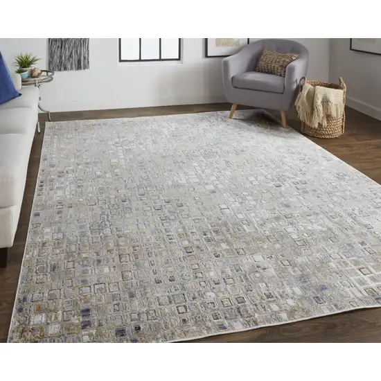 Tan Ivory And Blue Geometric Power Loom Distressed Area Rug Photo 8