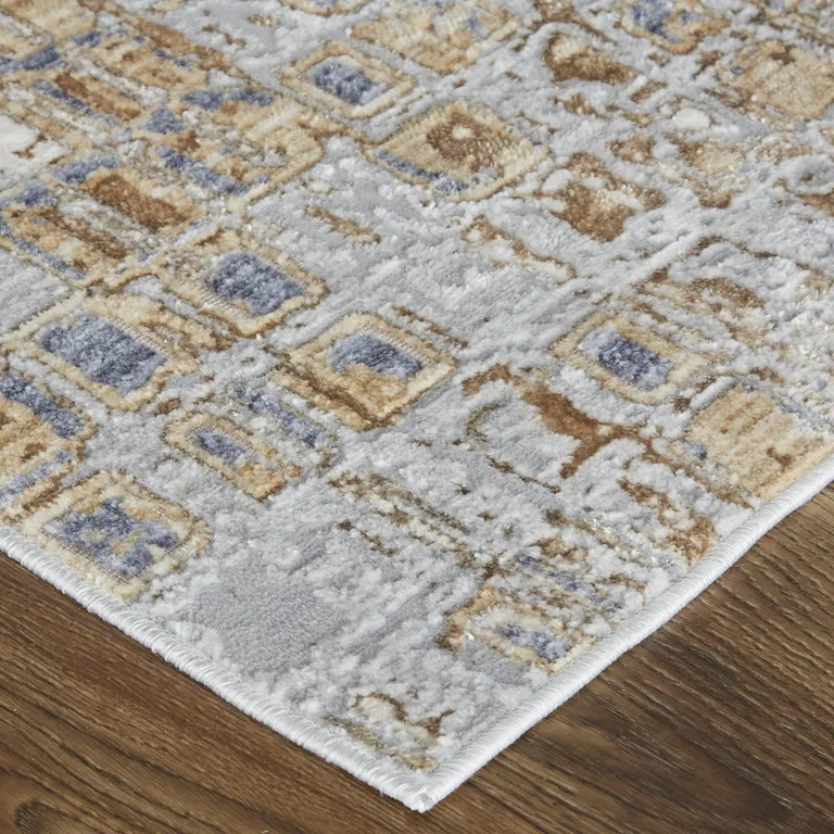 Tan Ivory And Blue Geometric Power Loom Distressed Area Rug Photo 4