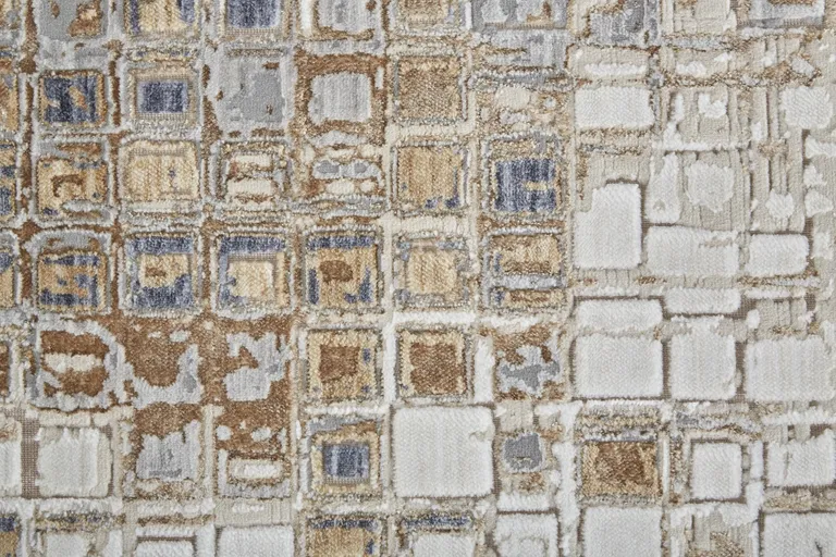 Tan Ivory And Blue Geometric Power Loom Distressed Area Rug Photo 3