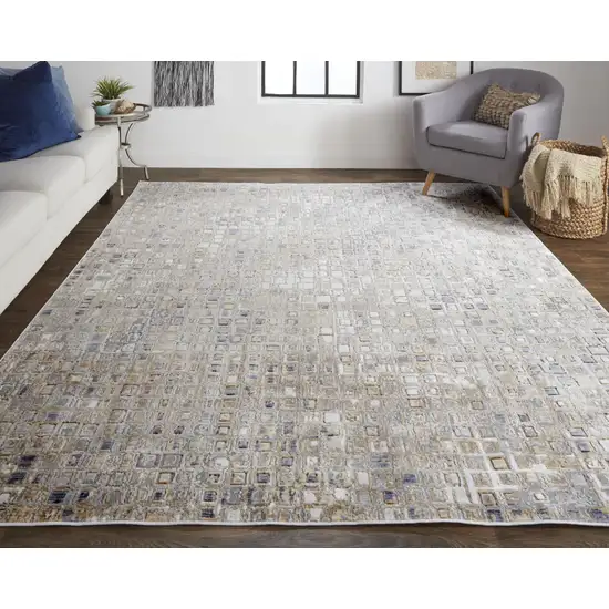 Tan Ivory And Blue Geometric Power Loom Distressed Area Rug Photo 7