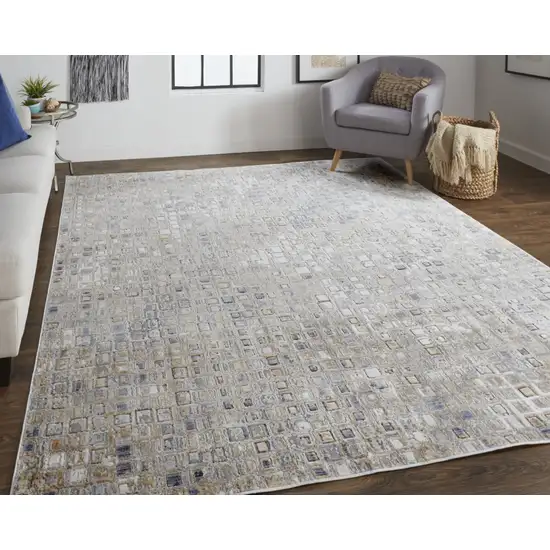 Tan Ivory And Blue Geometric Power Loom Distressed Area Rug Photo 3