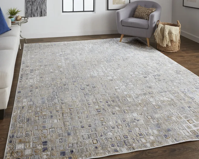 Tan Ivory And Blue Geometric Power Loom Distressed Area Rug Photo 3