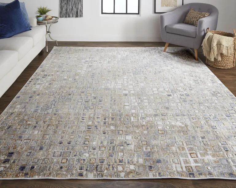 Tan Ivory And Blue Geometric Power Loom Distressed Area Rug Photo 2