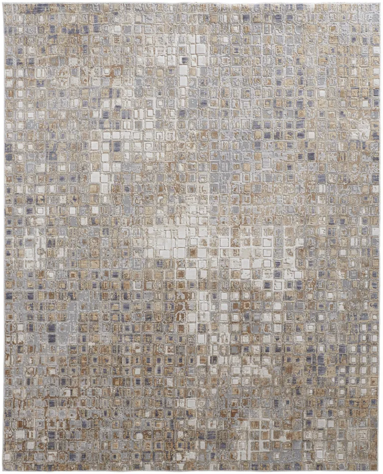 Tan Ivory And Blue Geometric Power Loom Distressed Area Rug Photo 1